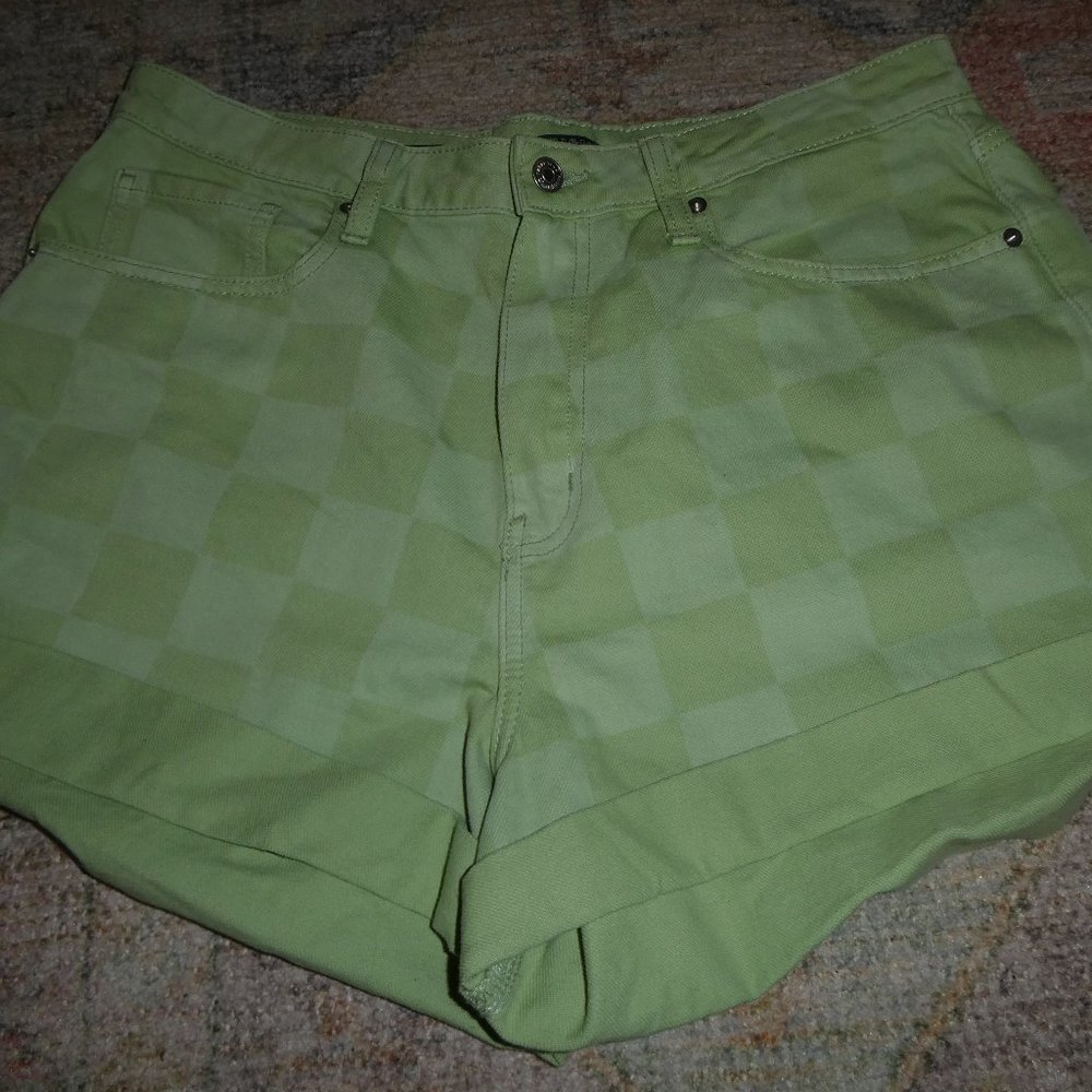 Green Checkered High-Waisted Shorts